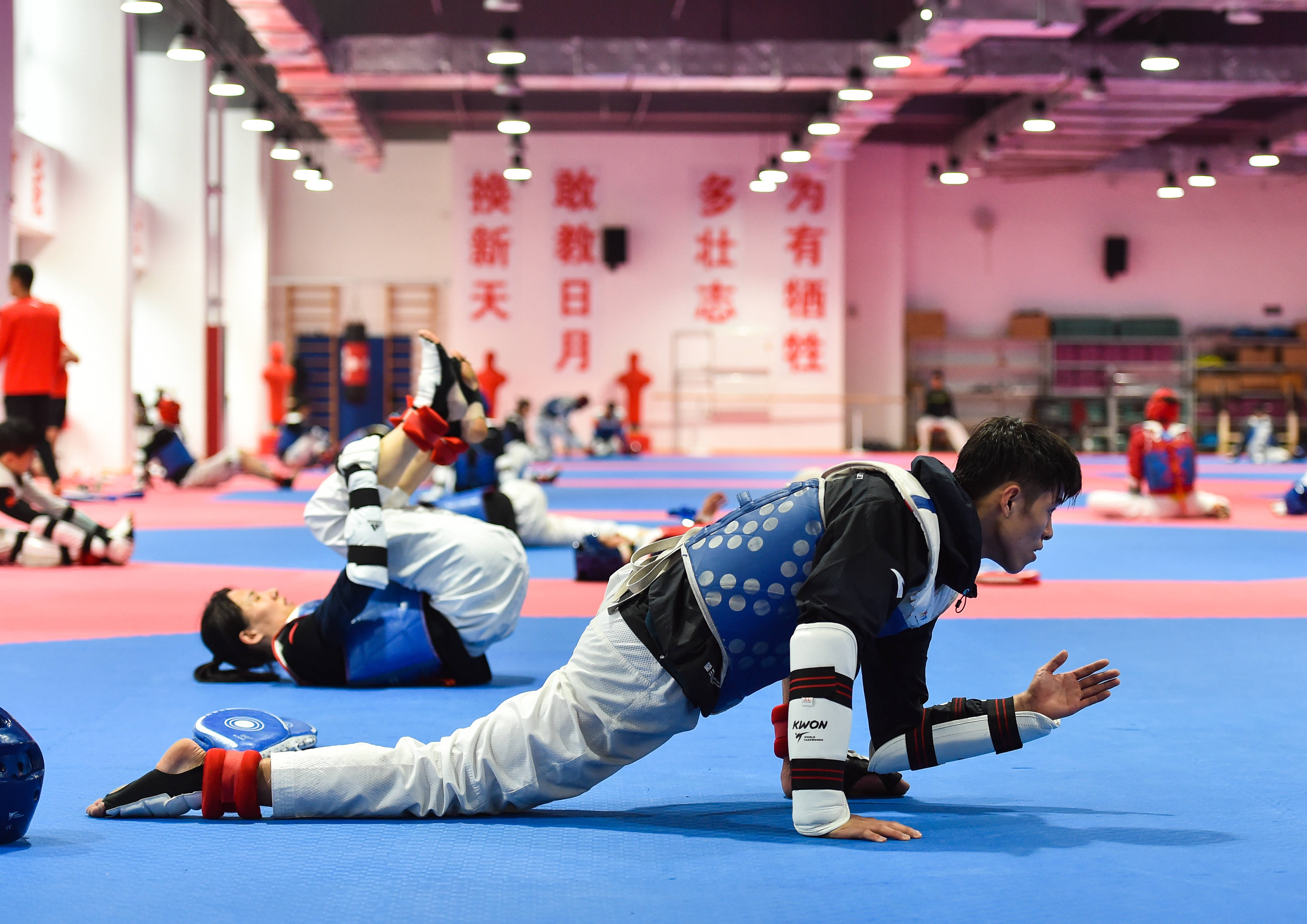 6月10日,国家跆拳道队运动员郭耘菲(右)在训练中.