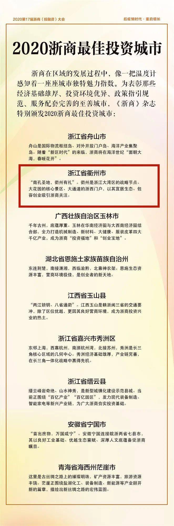 厉害了我的衢州！2020浙商最佳投资城市