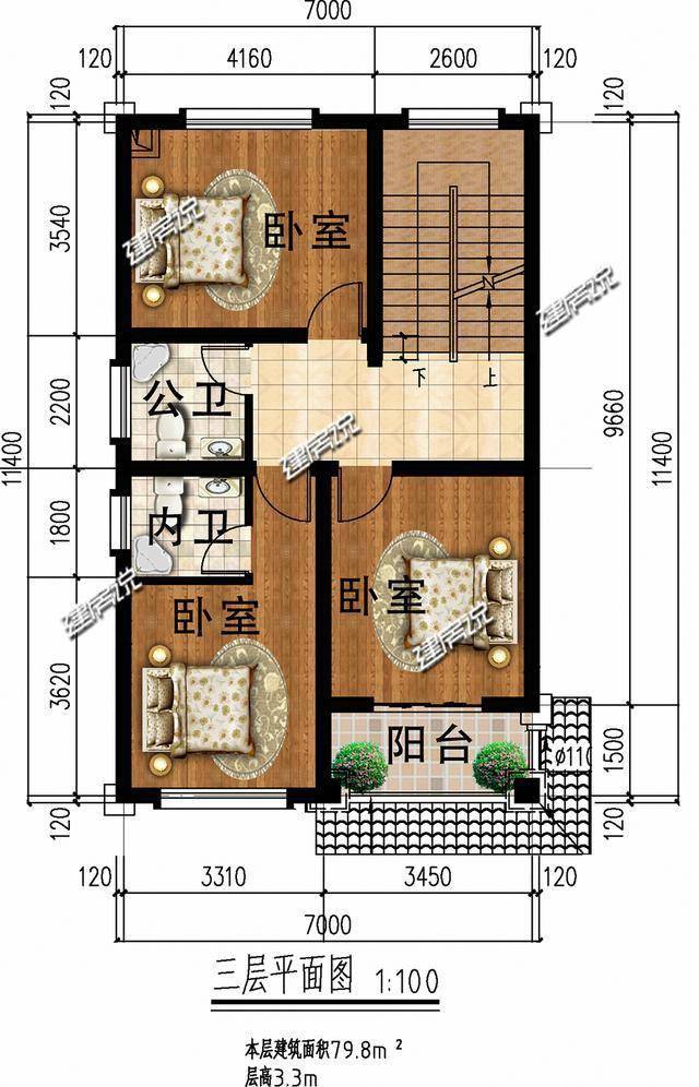 4米,占地面积79.8平方米,建筑面积300.49平方米,建筑高度15.