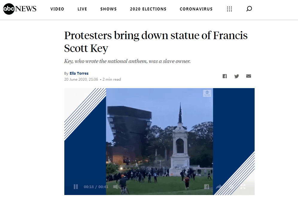 华盛顿|持续引爆！刚拉倒华盛顿雕像，美国又有3座雕像被示威者攻击，包括国歌《星条旗》词作者......