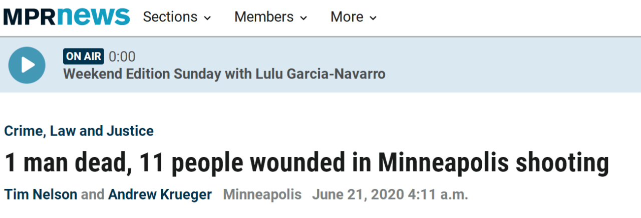 事件|美国明尼阿波利斯市发生枪击案，1人死亡11人受伤