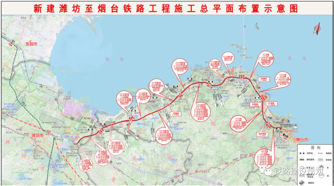 环渤海高铁"新建潍坊至烟台铁路"线路详细走向和各车站规模,位置均已