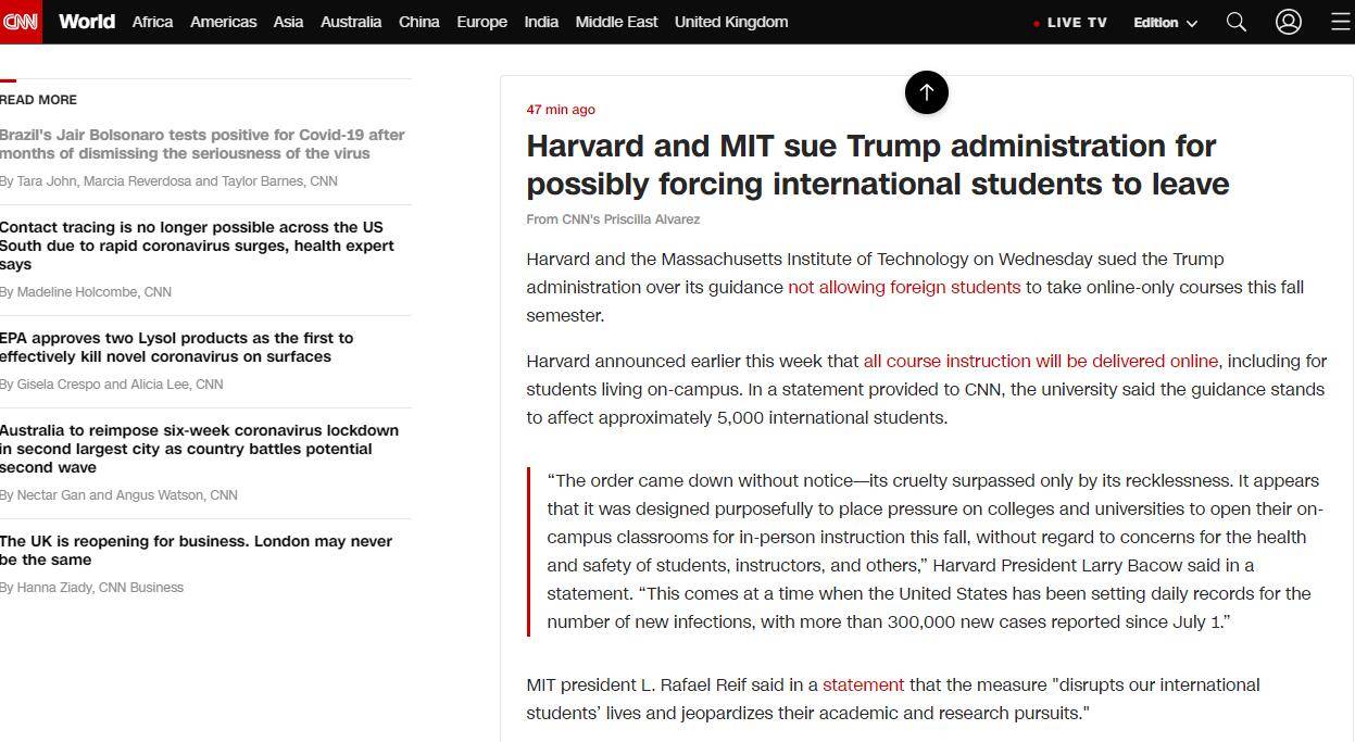 美国宣布收紧国际学生签证，哈佛和麻省理工起诉特朗普政府