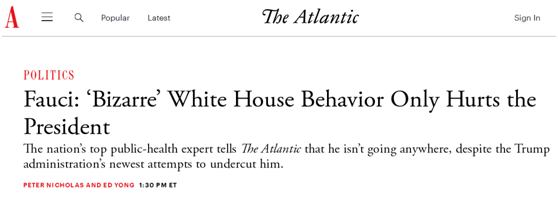 环球网|面对白宫官员“诋毁”攻势，福奇连用3个词回怼：匪夷所思、无稽之谈、完全错误！