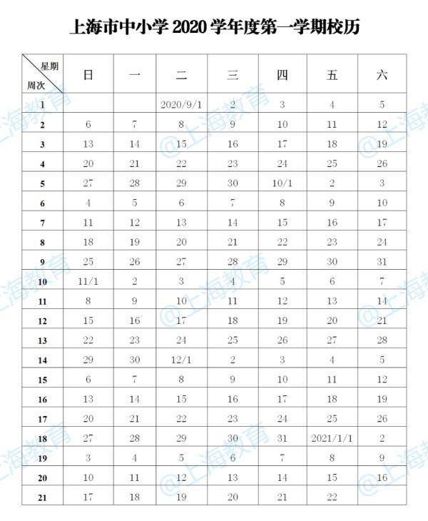 上海|上海中小学2020学年度校历公布！来看寒暑假时间