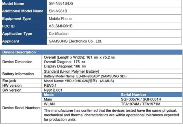 三星Note20通过FCC认证：机身尺寸以及参数终于确认_Fold