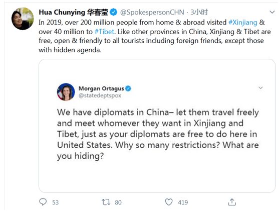 推特又交锋！华春莹回怼美国务院发言人挑衅：为什么如此敌视中国，你们怕什么？