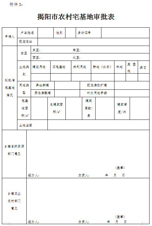 揭阳市农村宅基地审批表