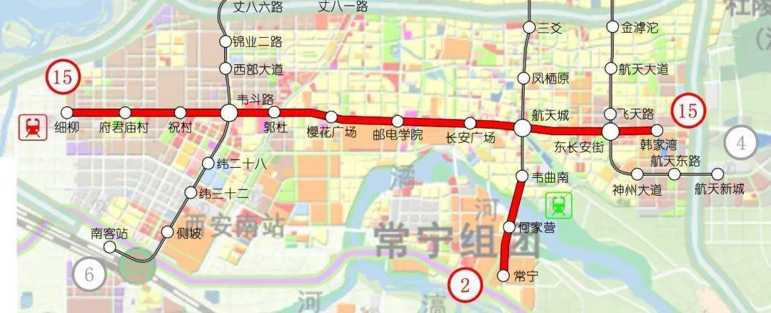 15km设站:11站,韩家湾,东长安街,航天城,长安广场,邮电大学,樱花广场