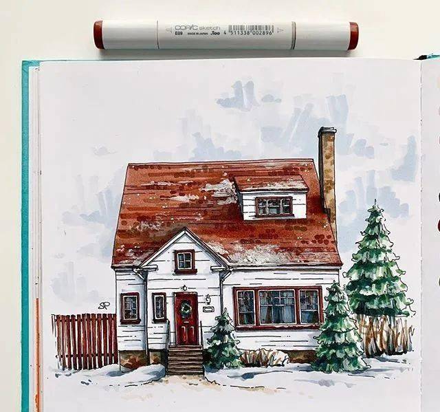 红色房子:马克笔手绘~一组创意小房子