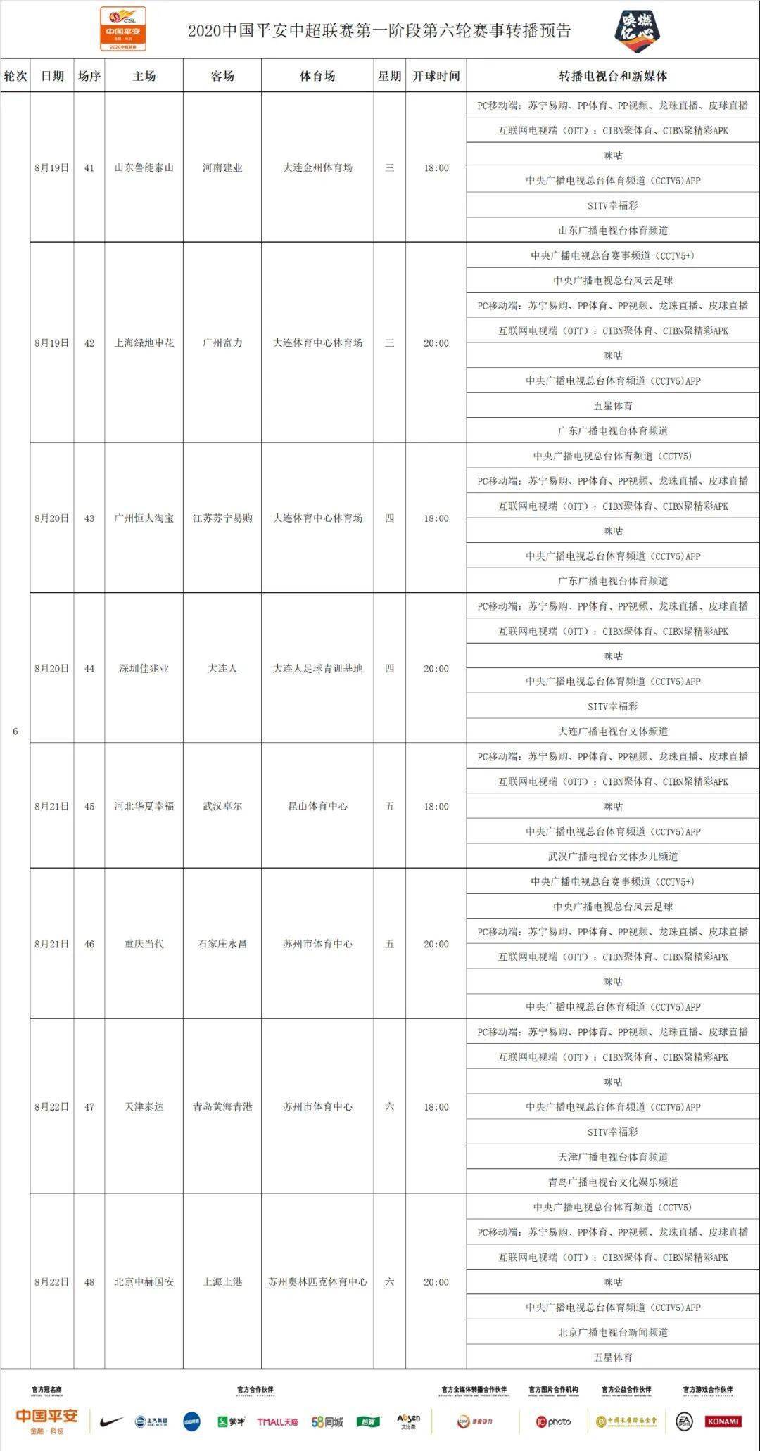 中超比赛赛程2020直播回放[中超赛程2020赛程表第二阶段央视直播]