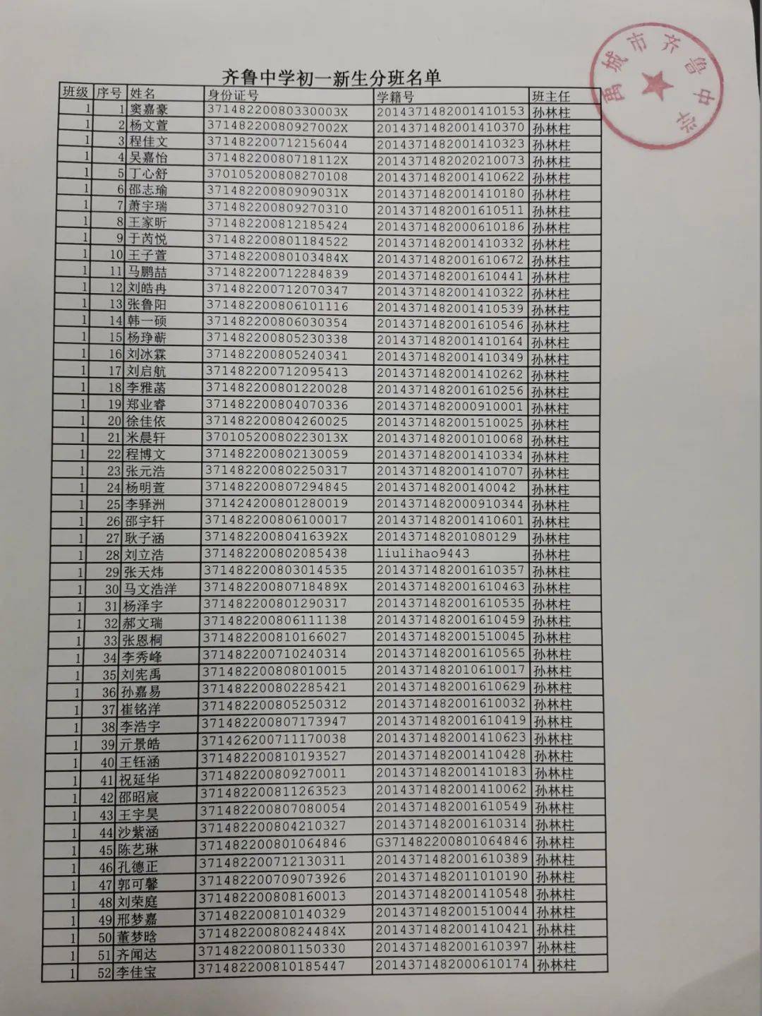 禹城市齐鲁中学初一新生分班公示及入学须知