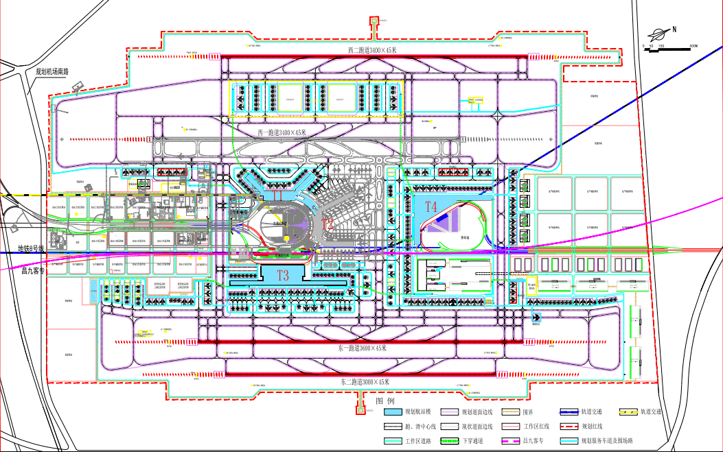 规划建设t3,t4航站楼和机坪,扩建t1,t2航站楼,航站总面积达97万m2