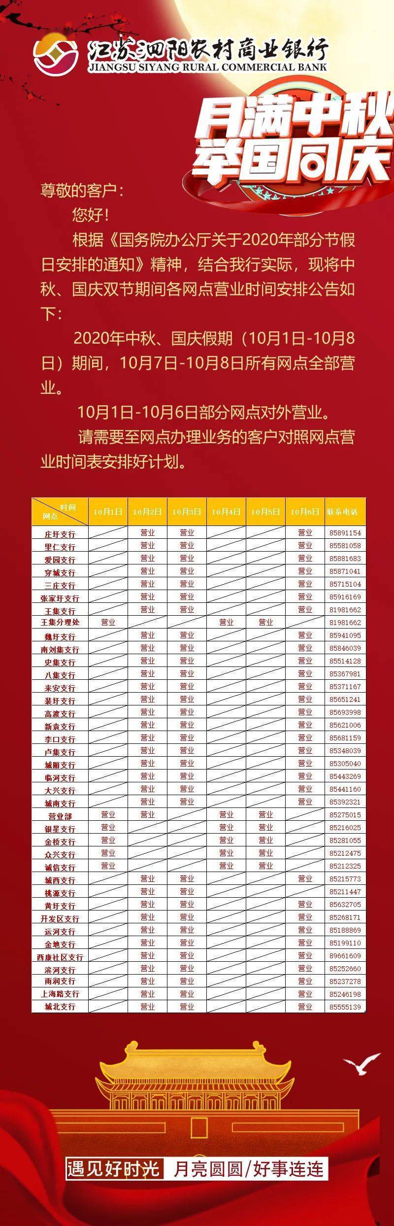 泗阳农商银行中秋国庆假期网点营业时间安排