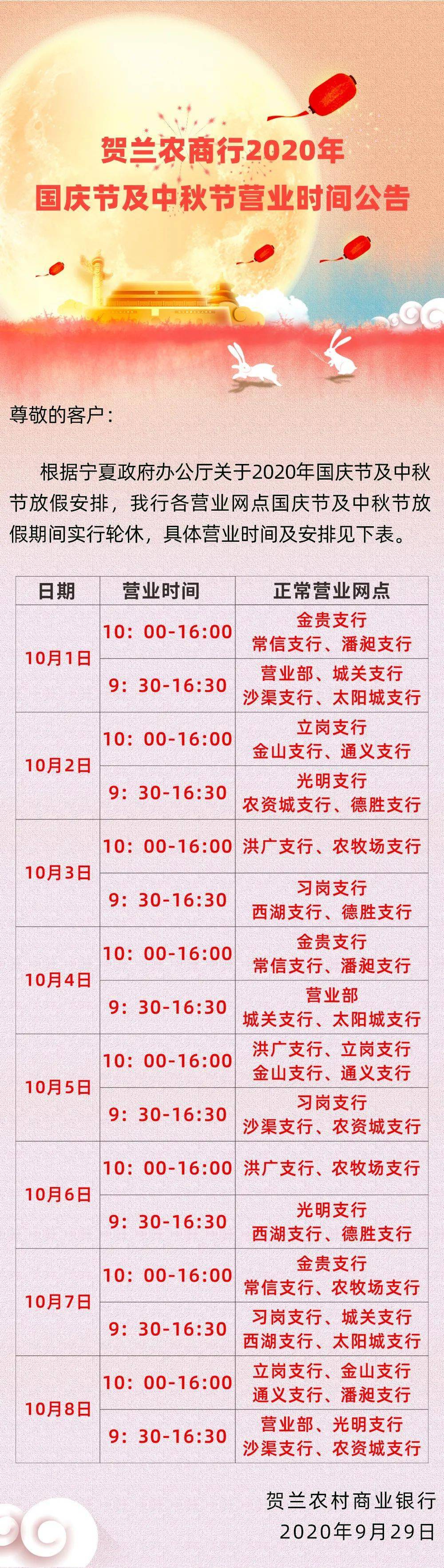 贺兰农村商业银行2020年国庆节及中秋节营业时间公告