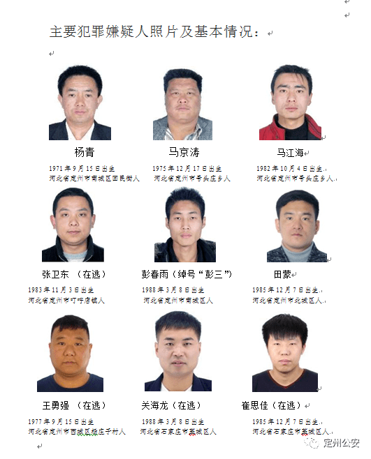 定州市公安局关于公开征集杨青,马京涛等人涉黑恶违法犯罪线索的通告