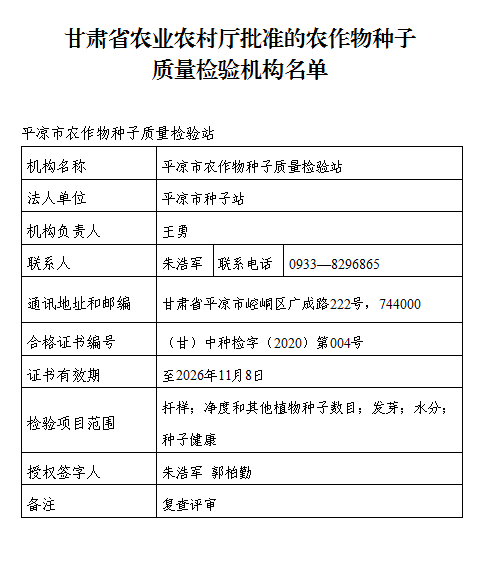 甘肃省农业农村厅关于批准合格农作物种子质量检验机构的公告