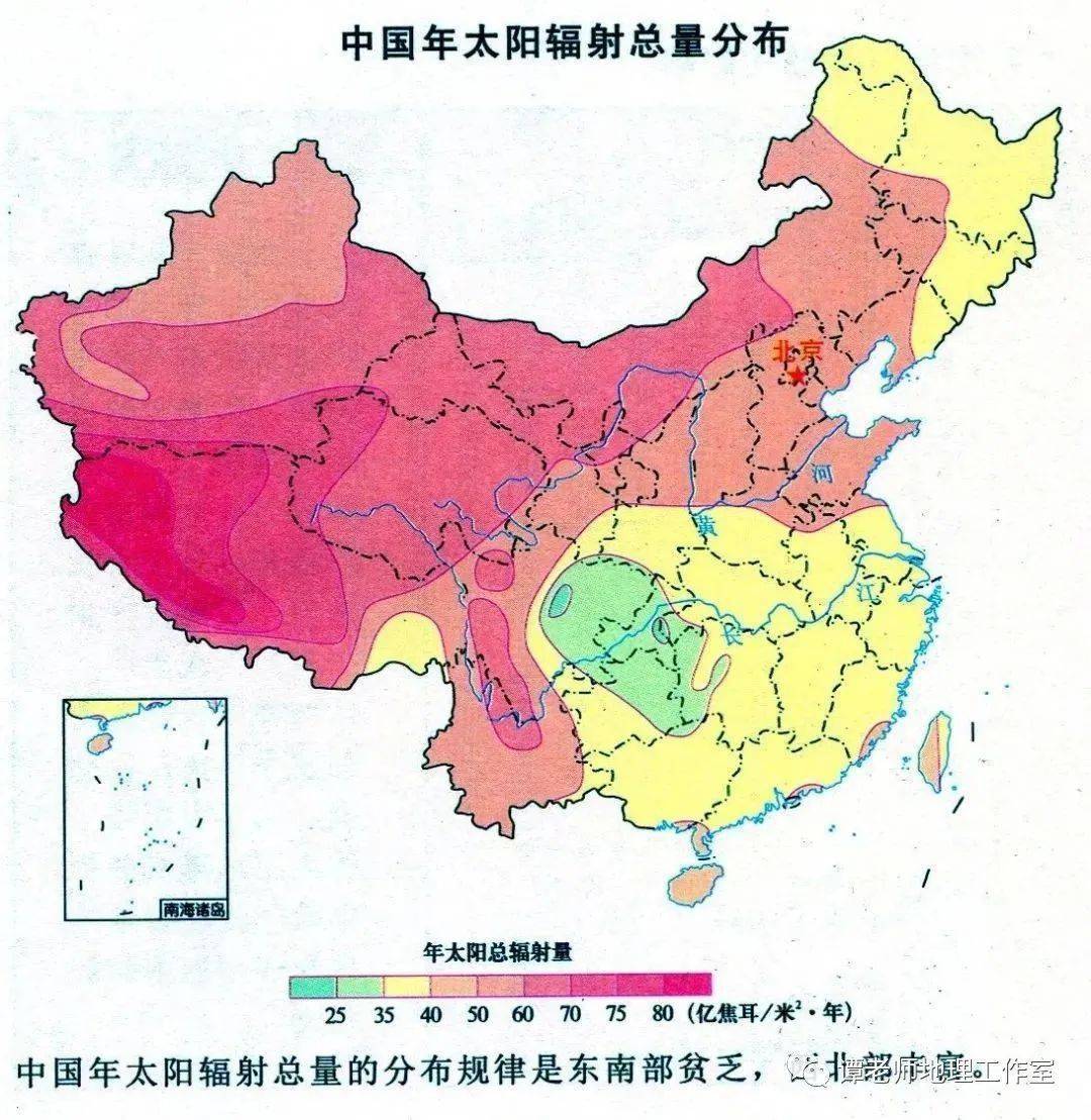 我国年太阳辐射总量的空间分布我国年太阳辐射总量的分布,从总体上看