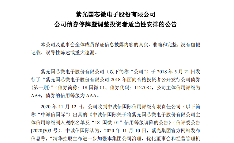 调整|信用等级遭调降，紫光国微：公司债券停牌 调整投资者适当性安排