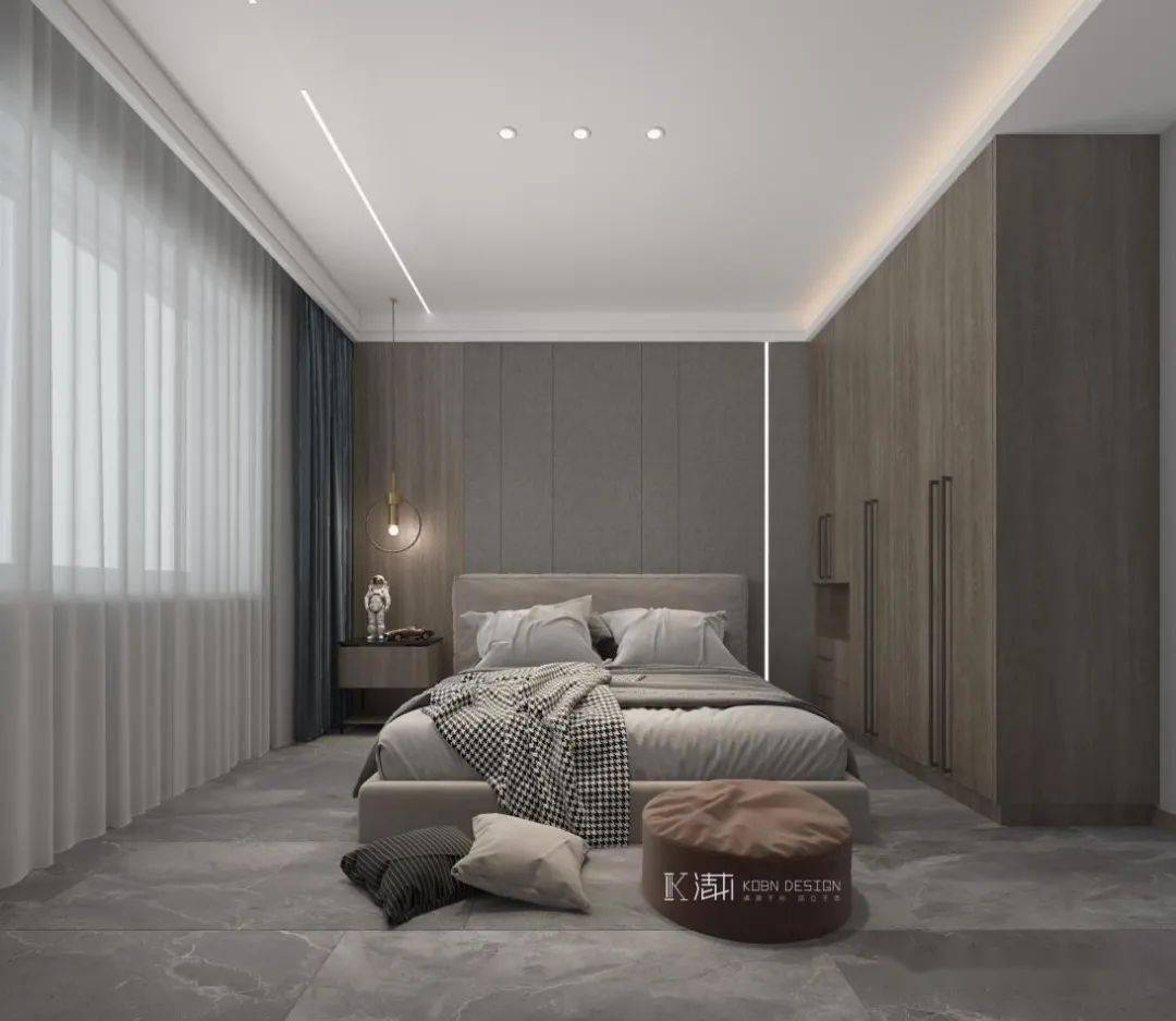 木饰面配合软包 线条灯划破平面 形成黄金比例的几何构成