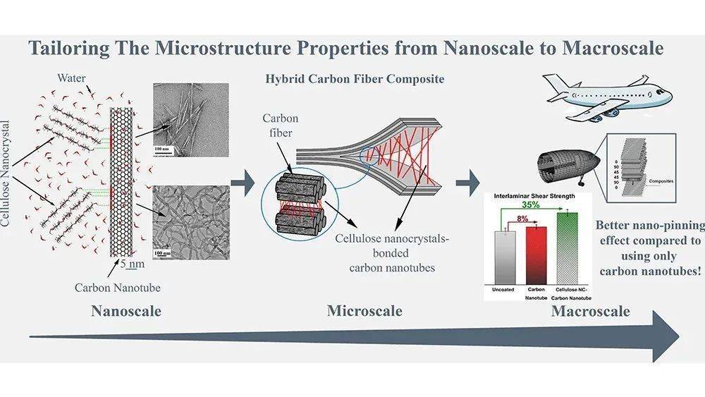 示意图显示出纤维素纳米晶有助于碳纳米管均匀地分布在碳纤维复合材料