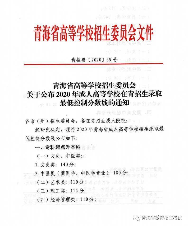 侵权|青海省2020年成人高等学校在青招生录取最低控制分数线