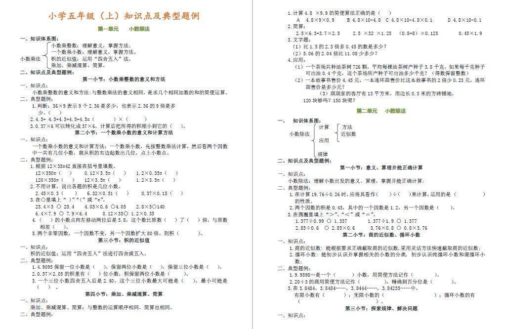 五年级数学上册知识点及典型题例期末考试常考