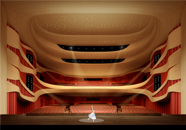 大剧院观众厅采用现代艺术风格,以南充特有的"丝绸文化""嘉陵江文化""