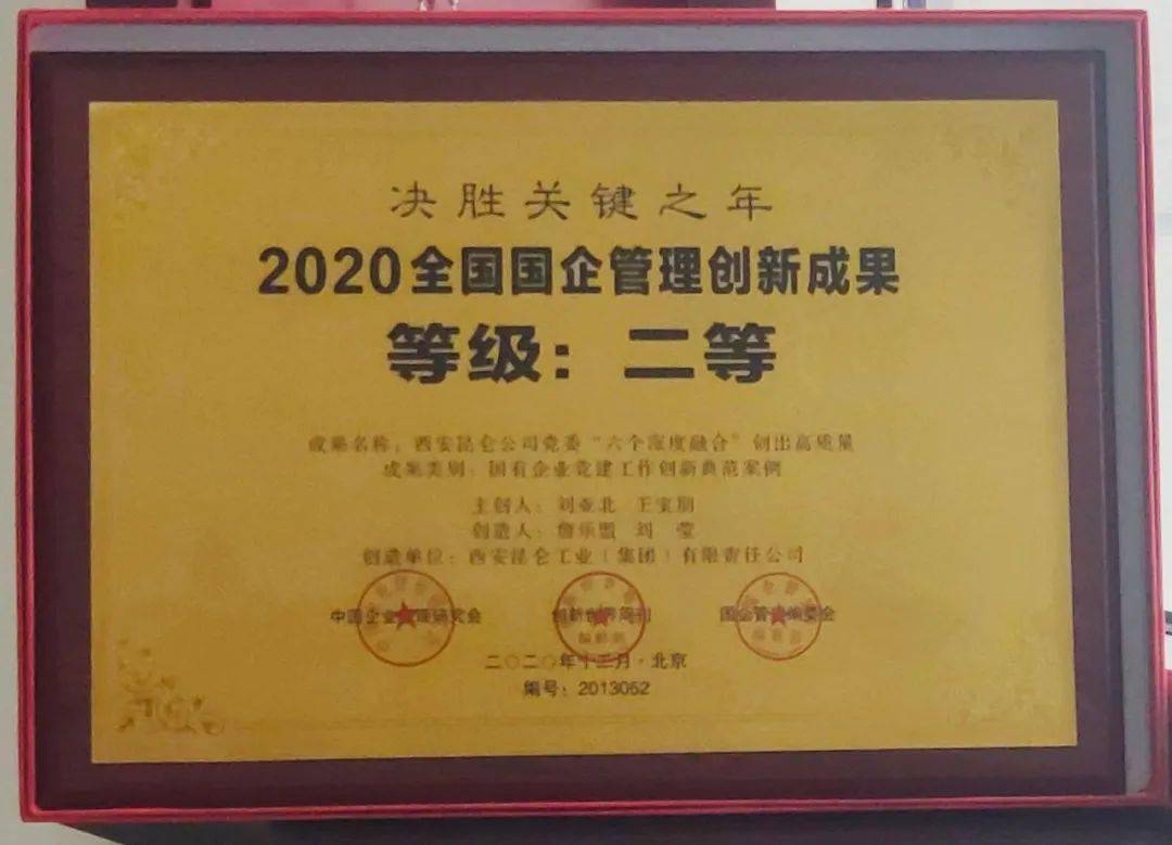 公司"六个深度融合"党建案例荣获2020年全国国企管理创新成果二等奖