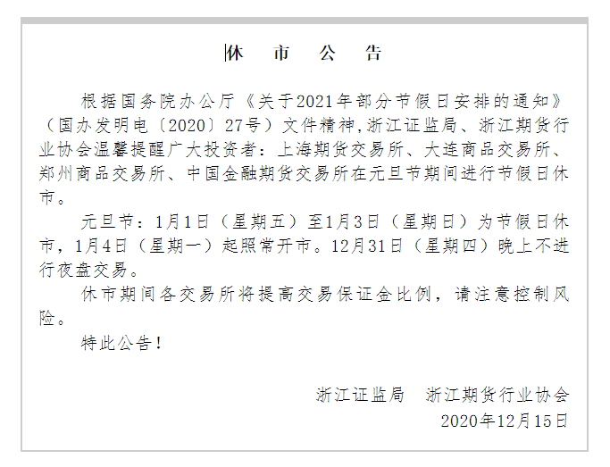 关乎所有期货投资者2021年元旦休市公告及交易所风险防控措施