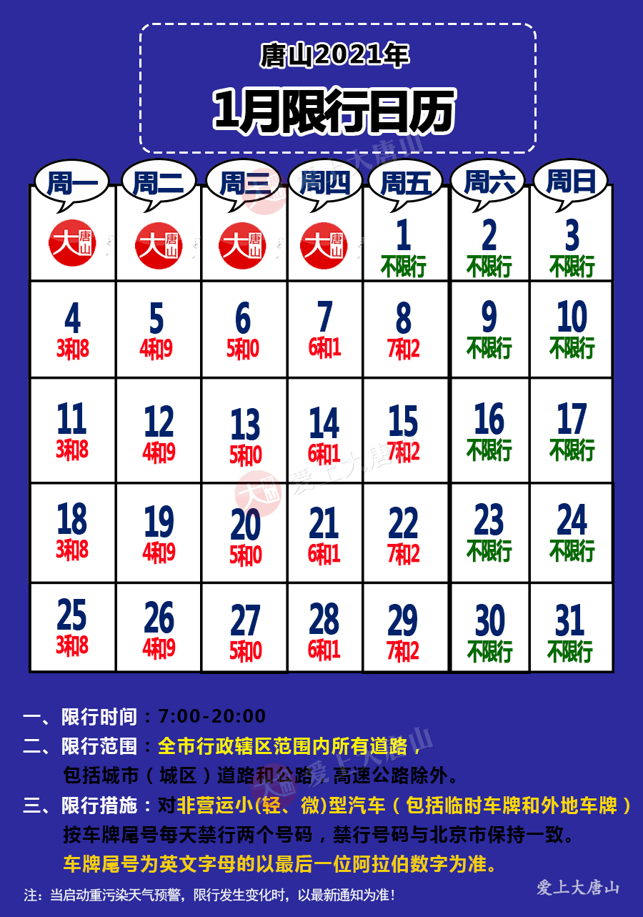 唐山2021年1月份限行日历来了!唐山这3家医院有最新公告!