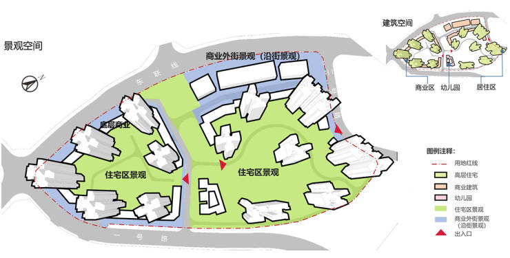 项目景观空间依据商业和居住区空间特点及功能分为住宅区景观和商业外