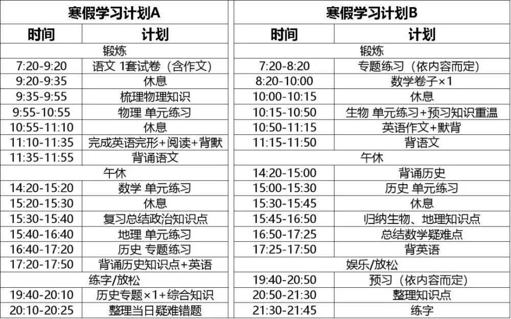 还有某位学霸的寒假时间作息表是这样的