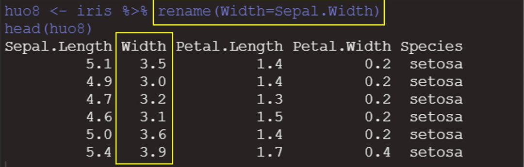 length重新命名为一个新的列length: 对列名就行重命名,如将sepal.