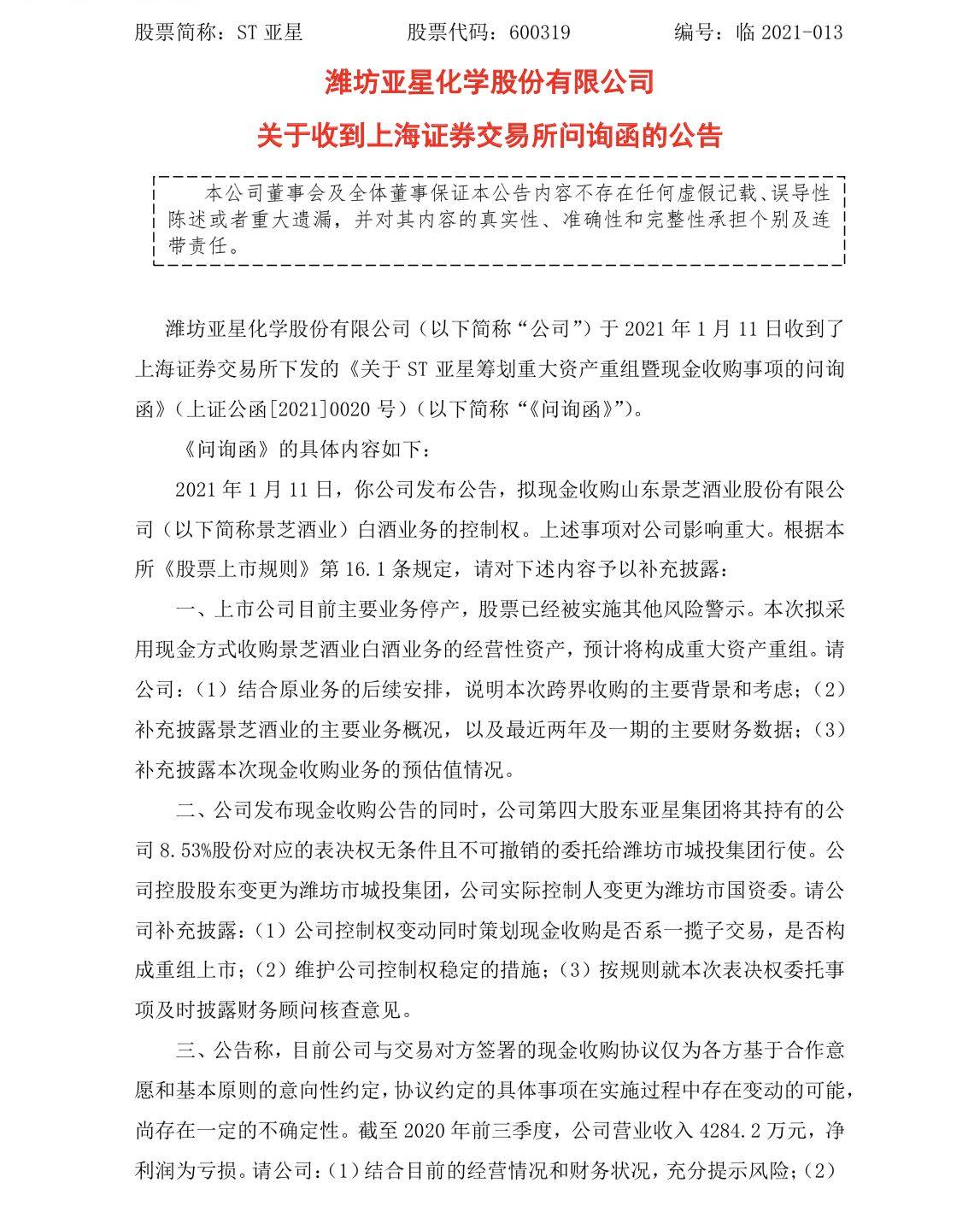 ST亚星收购景芝酒业白酒业务，被上交所要求披露
