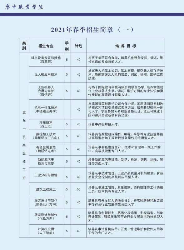 鲁中职业学院2021年春季招生简章