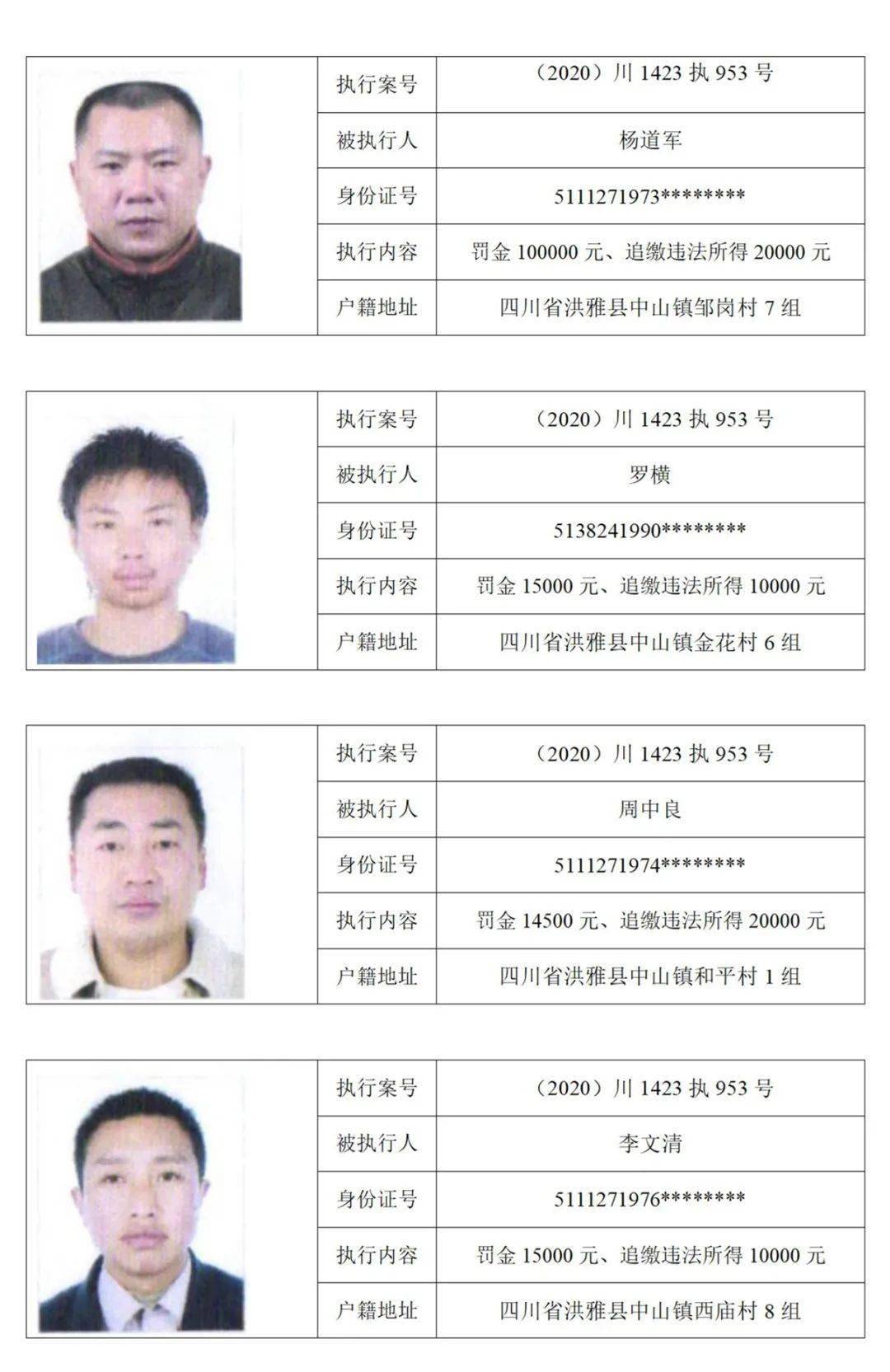 洪雅法院公开征集这13名涉黑恶势力案件被执行人财产线索!