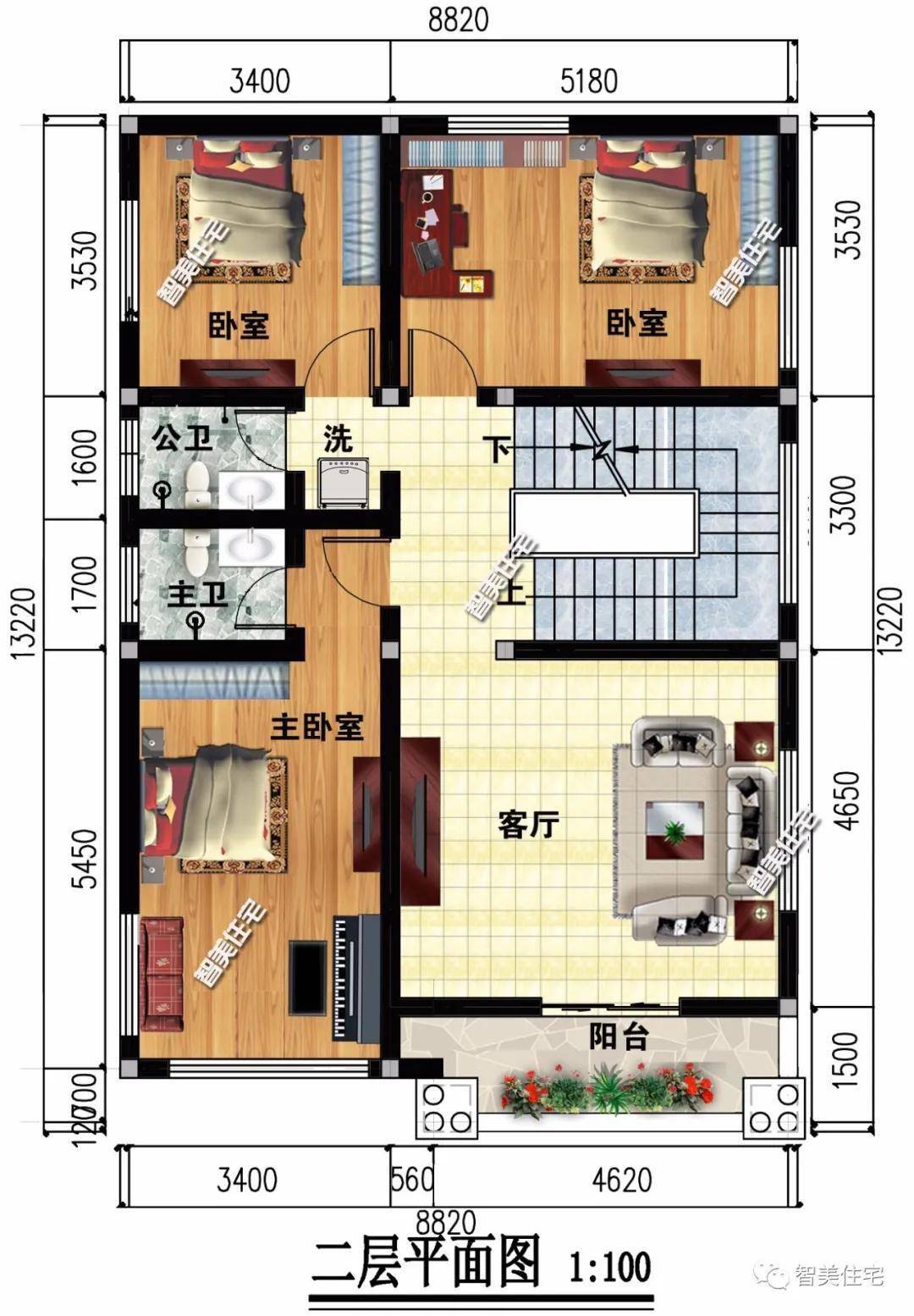 平面图:一层南北通透,有宽敞的客厅和茶室(堂屋),一间父母房,二层设三