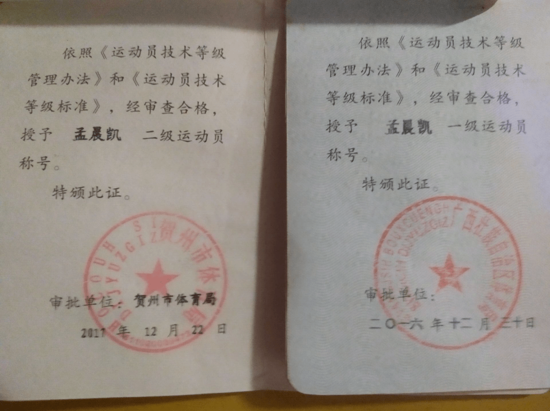 孟晨凯的运动员证书