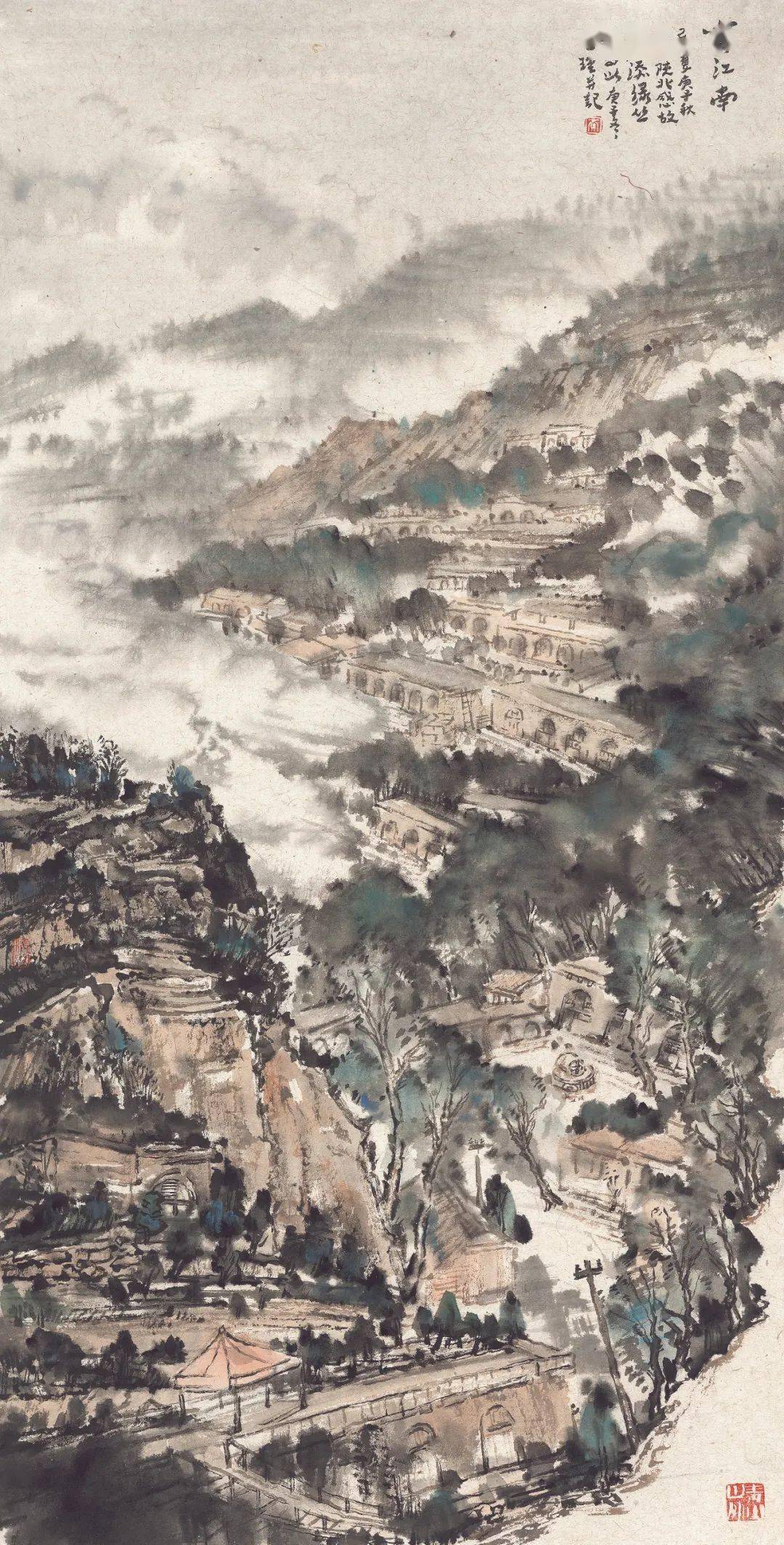 (左)许钦松《仰望延安宝塔山》138×69cm