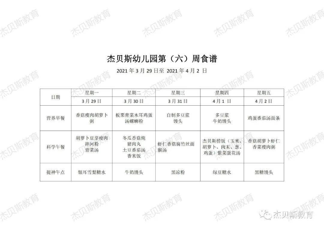 杰贝斯幼儿园2021年2-3月食谱