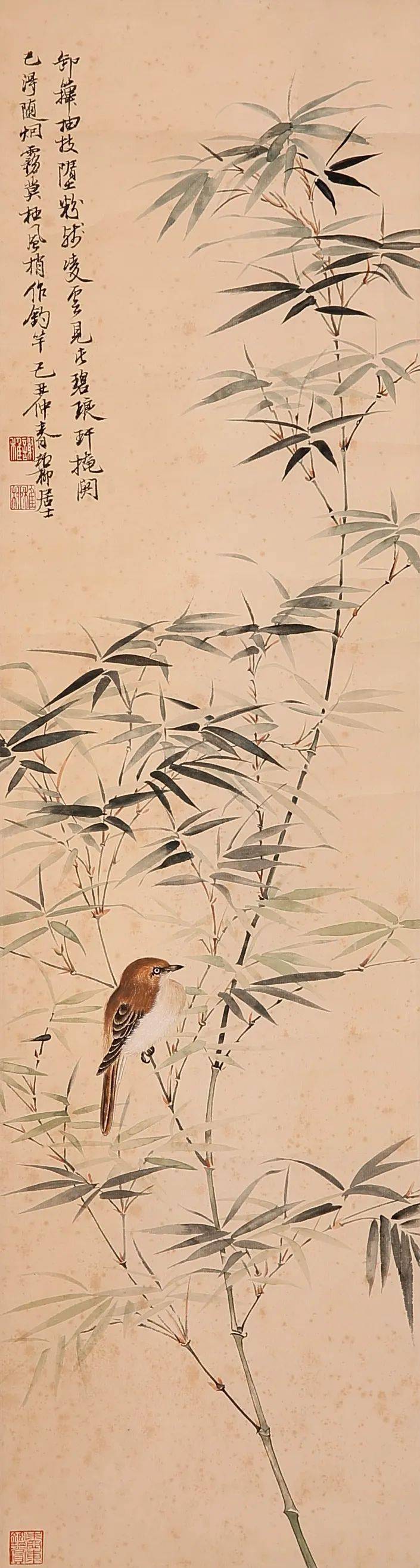 谢稚柳 竹雀图 设色纸本 立轴78x21