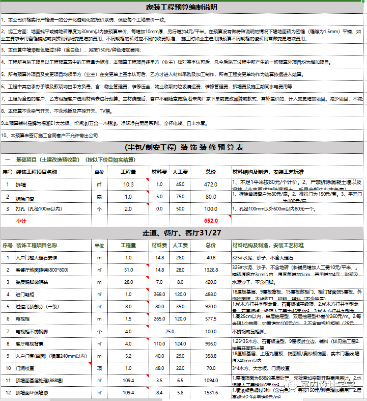 工装,半包基装 主材,全包,工程变更预算表等, xls表格,word文件格式