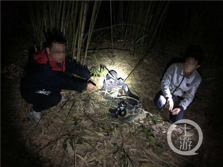 头戴强光灯的可疑男子,身旁有一个尼农口袋,袋中是一只刚捕获的野鸡