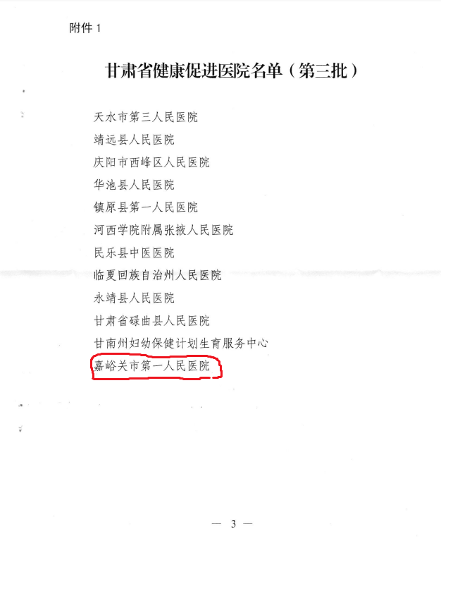 甘肃省卫生健康委印发命名通知,嘉峪关市两家单位榜上有名!