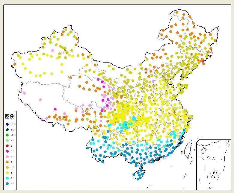 常年入春时间分布图  最早入春:华南大部,江南南部及云南中南部地区