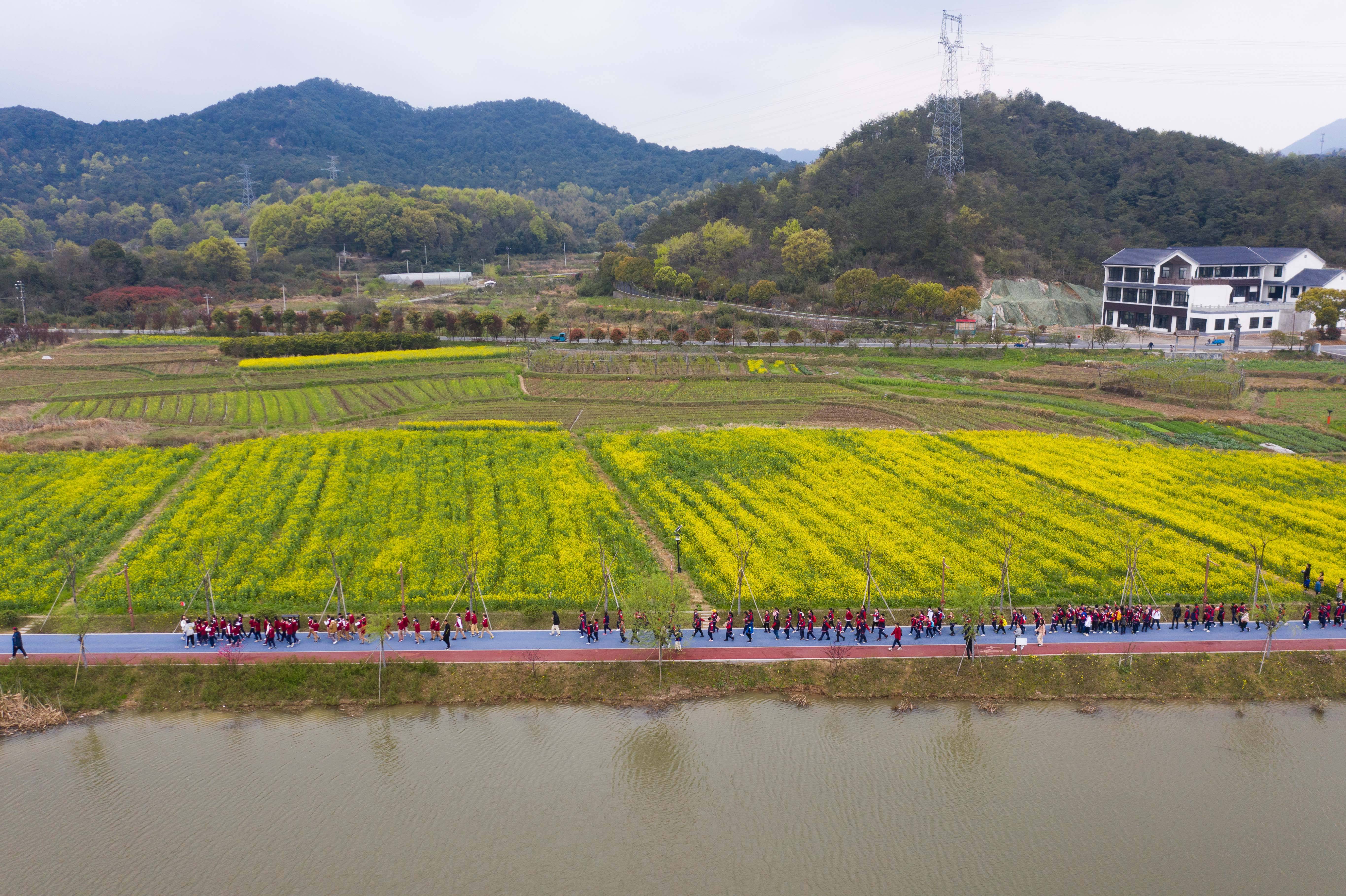 3月24日,春游的师生在诸暨市同山镇布布谷湖的环湖路上观赏春色(无人