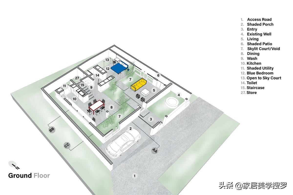 一层平面图设有开放式休息室,厨房用餐区,卧室,浴室和庭院,外加外部