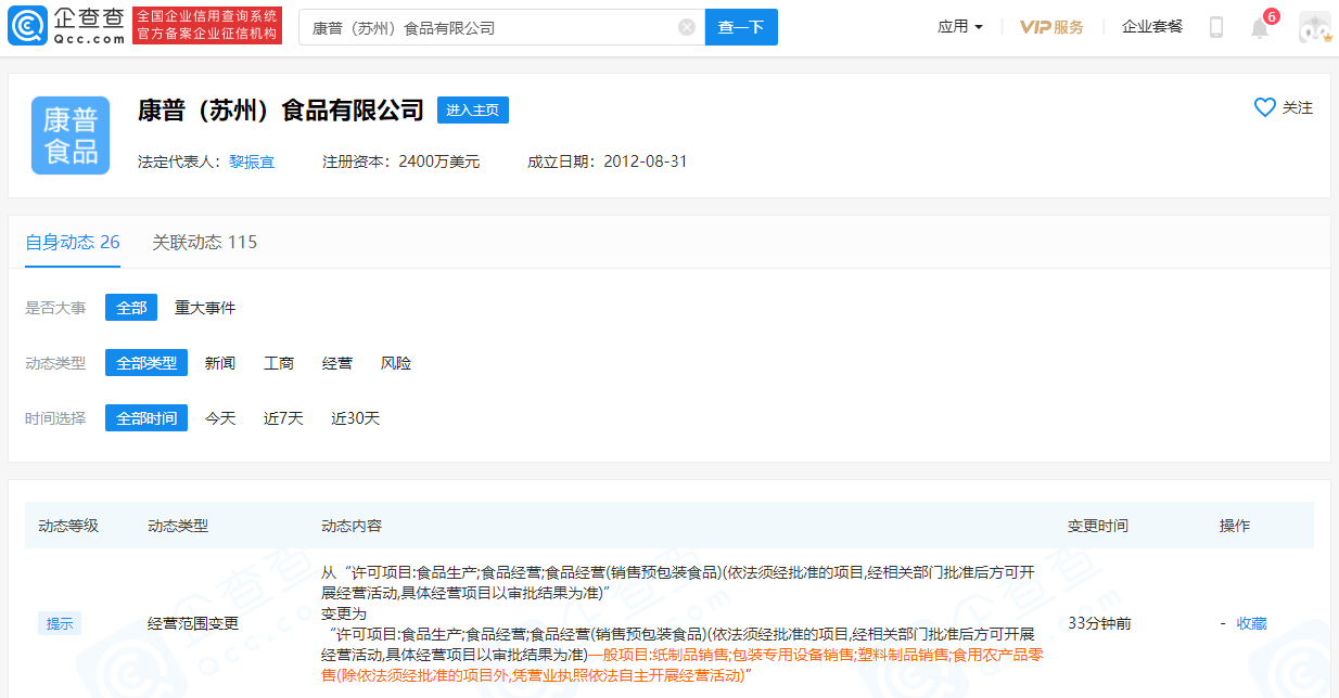 康师傅方便食品关联企业经营范围新增"食用农产品零售"等