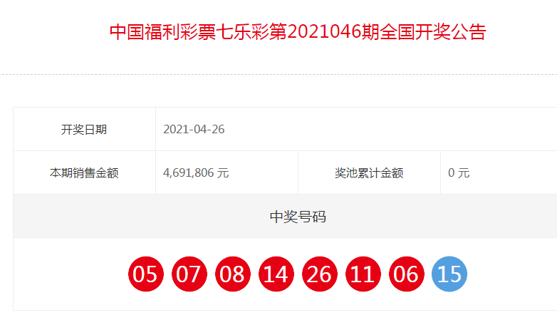 中国福彩七乐彩全国开奖公告第2021046期